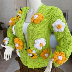Crop Bee Knit Cardigan, Neon Green Cardigan, Green Oversize Cardigan, Handmade Sweater, Knit Bloom Cardigan, Bee White Flower Jacket, gift