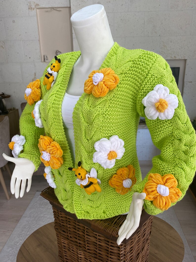 Crop Bee Knit Cardigan, Neon Green Cardigan, Green Oversize Cardigan, Handmade Sweater, Knit Bloom Cardigan, Bee White Flower Jacket, gift