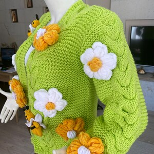 Crop Bee Knit Cardigan, Neon Green Cardigan, Green Oversize Cardigan, Handmade Sweater, Knit Bloom Cardigan, Bee White Flower Jacket, gift