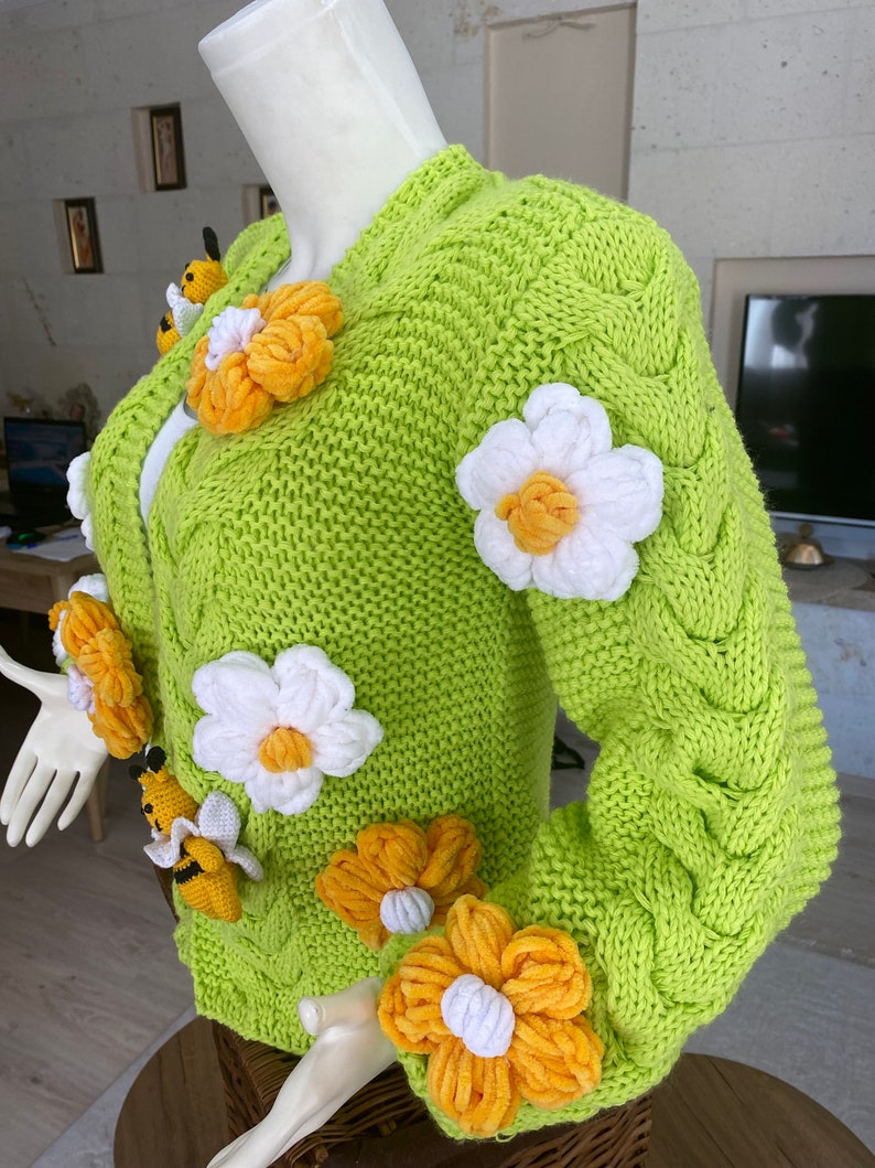 Crop Bee Knit Cardigan, Neon Green Cardigan, Green Oversize Cardigan, Handmade Sweater, Knit Bloom Cardigan, Bee White Flower Jacket, gift