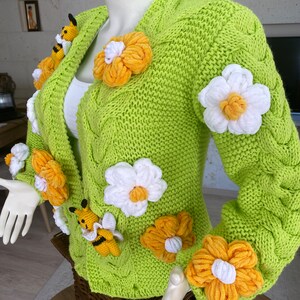 Crop Bee Knit Cardigan, Neon Green Cardigan, Green Oversize Cardigan, Handmade Sweater, Knit Bloom Cardigan, Bee White Flower Jacket, gift