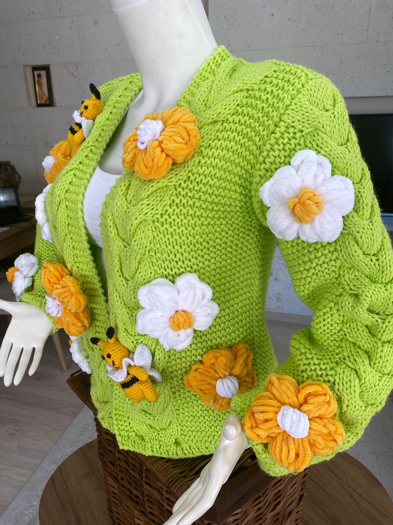Crop Bee Knit Cardigan, Neon Green Cardigan, Green Oversize Cardigan, Handmade Sweater, Knit Bloom Cardigan, Bee White Flower Jacket, gift