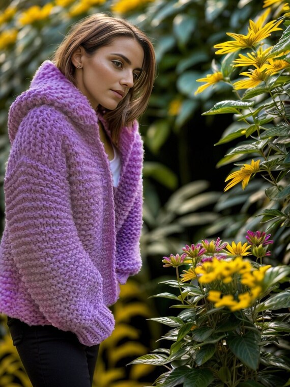 Cardigan Woman Hooded Jacket Lilac Color Chunky Cardigan Chunky Crop Cardigan Handknit Sweater Knit Chunky Wool Gift READY to SHIP Etsy Canada