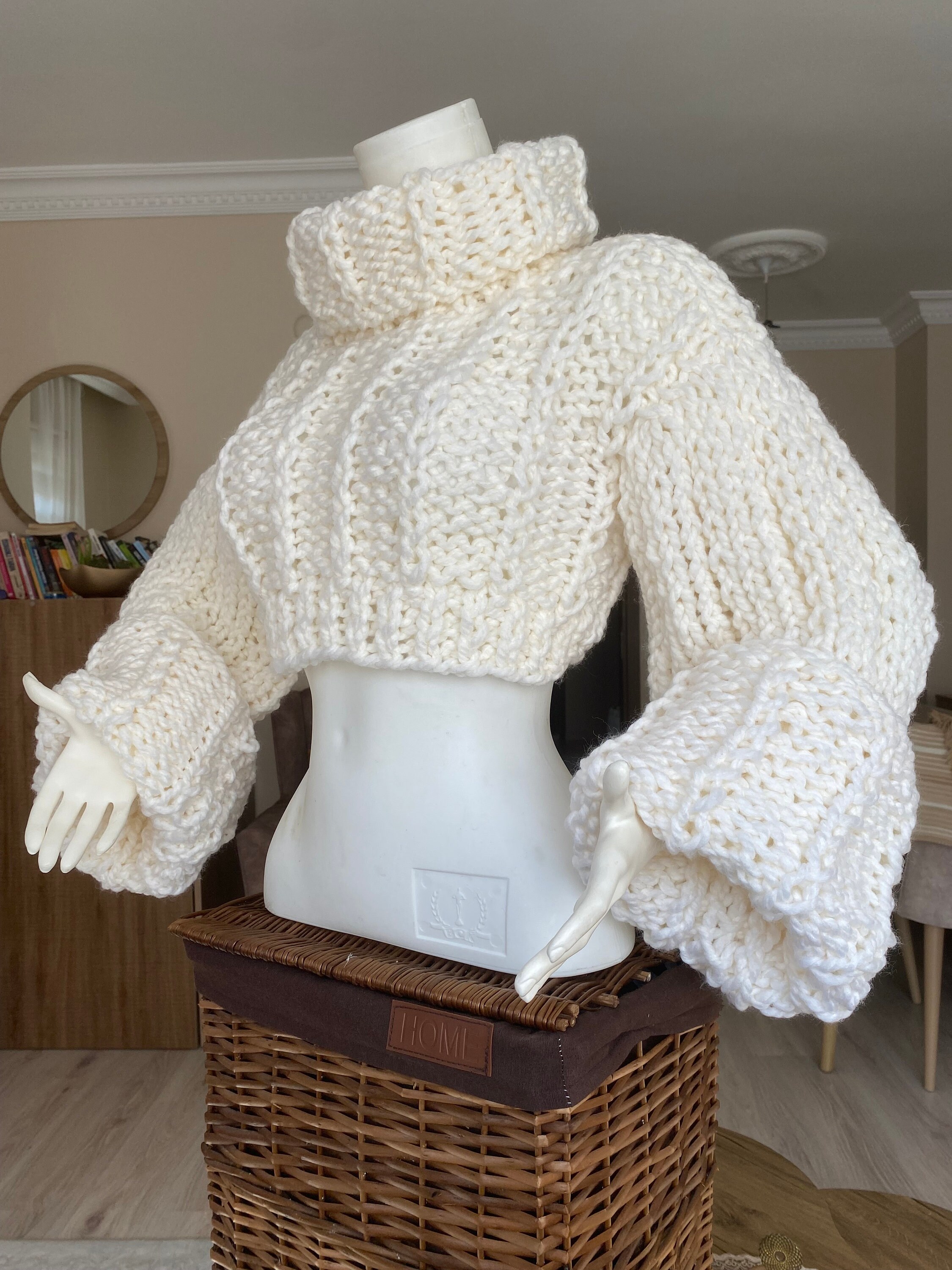 Hand Knitted Crop Turtleneck Sweater, Folded Sleeves, Y2K Style - Etsy