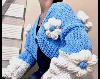 Daisy Knitted Chunky, Cardigan for Women, Long Sleeve, Flower Cardigan For Girl, Blue Chunky Flower Sweater,Big Flowers, Knit Daisy Cardigan