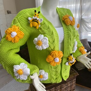 Crop Bee Knit Cardigan, Neon Green Cardigan, Green Oversize Cardigan, Handmade Sweater, Knit Bloom Cardigan, Bee White Flower Jacket, gift