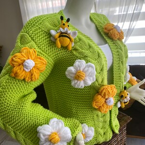 Crop Bee Knit Cardigan, Neon Green Cardigan, Green Oversize Cardigan, Handmade Sweater, Knit Bloom Cardigan, Bee White Flower Jacket, gift