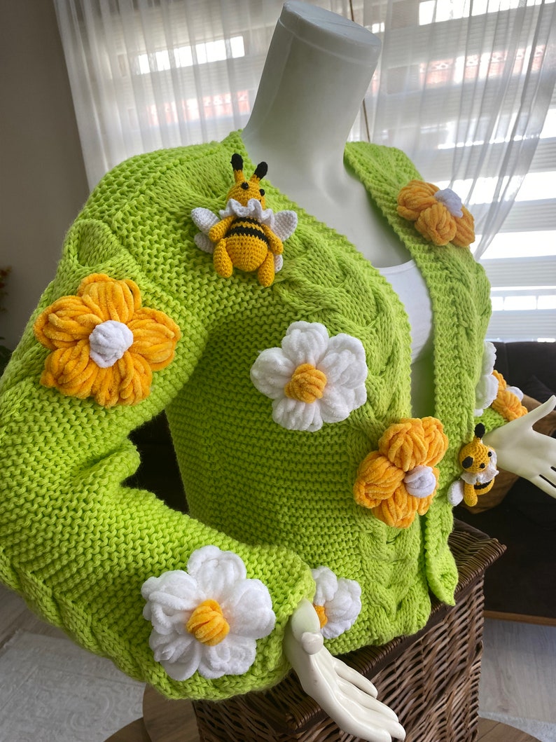 Crop Bee Knit Cardigan, Neon Green Cardigan, Green Oversize Cardigan, Handmade Sweater, Knit Bloom Cardigan, Bee White Flower Jacket, gift