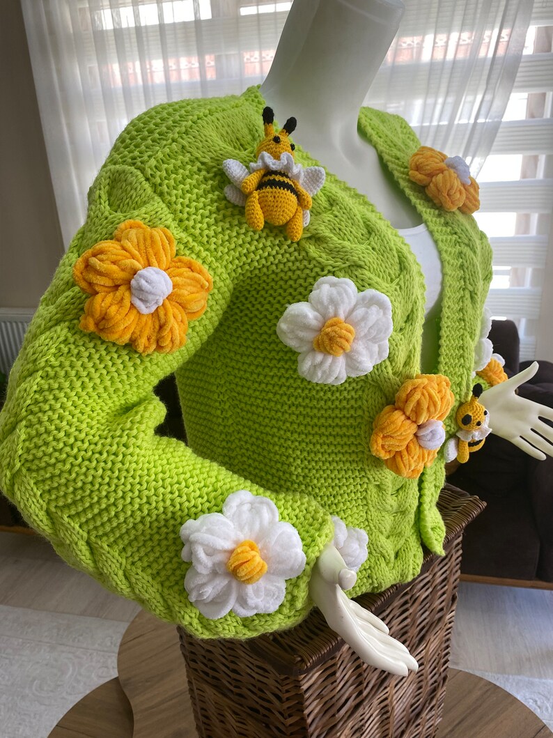 Crop Bee Knit Cardigan, Neon Green Cardigan, Green Oversize Cardigan, Handmade Sweater, Knit Bloom Cardigan, Bee White Flower Jacket, gift