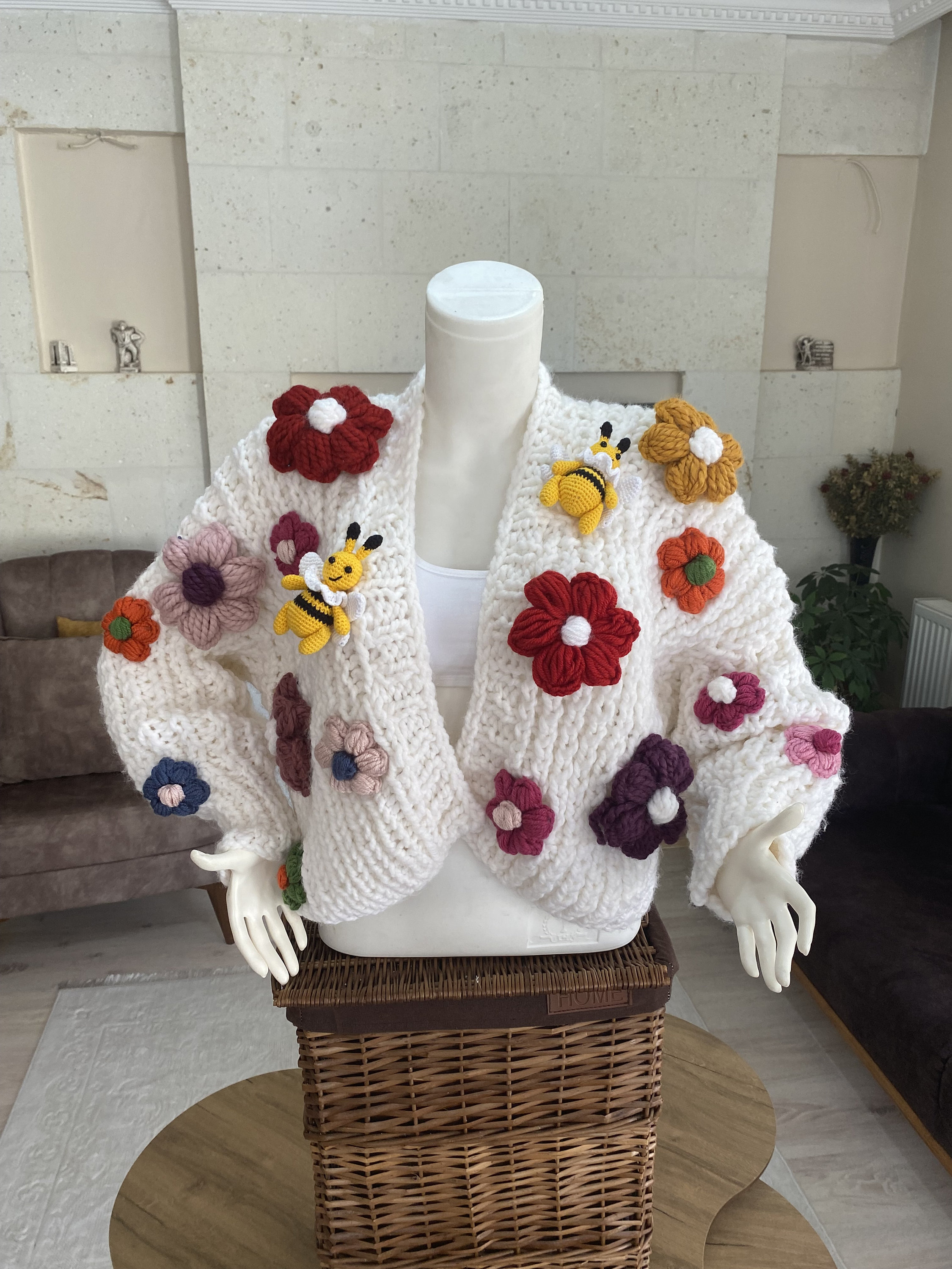 Chunky Knit Cardigan, 3D Flower and Bee Sweater - Etsy