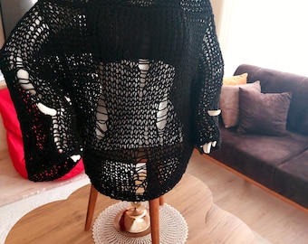 Black Knit Crop Top, Recycled Cotton Boho Beach Cover-Up
