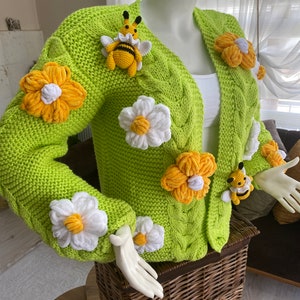 Crop Bee Knit Cardigan, Neon Green Cardigan, Green Oversize Cardigan, Handmade Sweater, Knit Bloom Cardigan, Bee White Flower Jacket, gift