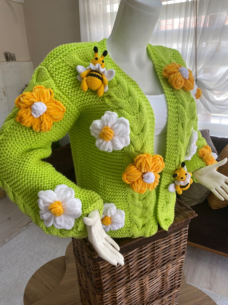 Crop Bee Knit Cardigan, Neon Green Cardigan, Green Oversize Cardigan, Handmade Sweater, Knit Bloom Cardigan, Bee White Flower Jacket, gift