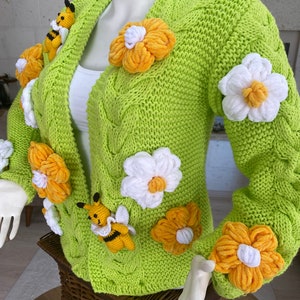 Crop Bee Knit Cardigan, Neon Green Cardigan, Green Oversize Cardigan, Handmade Sweater, Knit Bloom Cardigan, Bee White Flower Jacket, gift