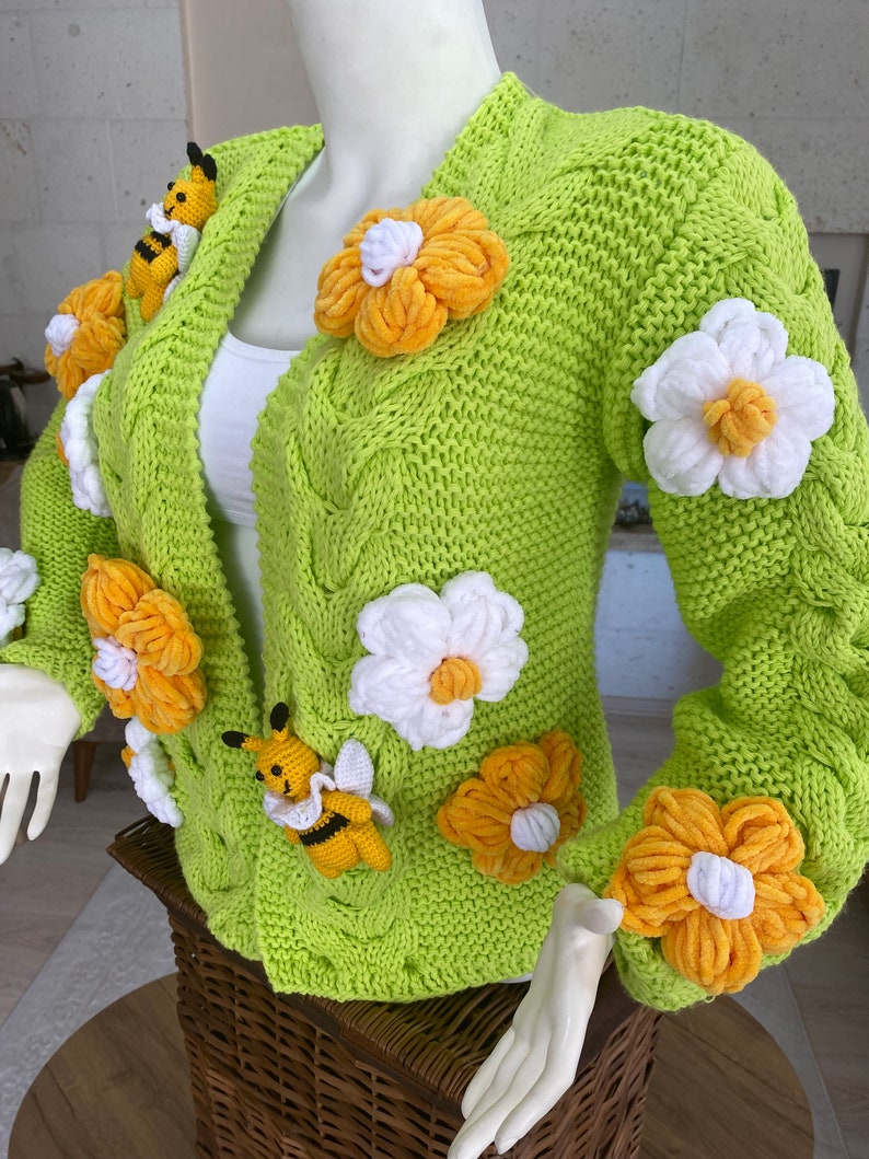 Crop Bee Knit Cardigan, Neon Green Cardigan, Green Oversize Cardigan, Handmade Sweater, Knit Bloom Cardigan, Bee White Flower Jacket, gift