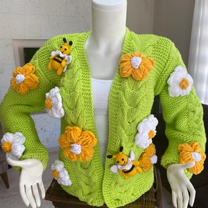 Crop Bee Knit Cardigan, Neon Green Cardigan, Green Oversize Cardigan, Handmade Sweater, Knit Bloom Cardigan, Bee White Flower Jacket, gift