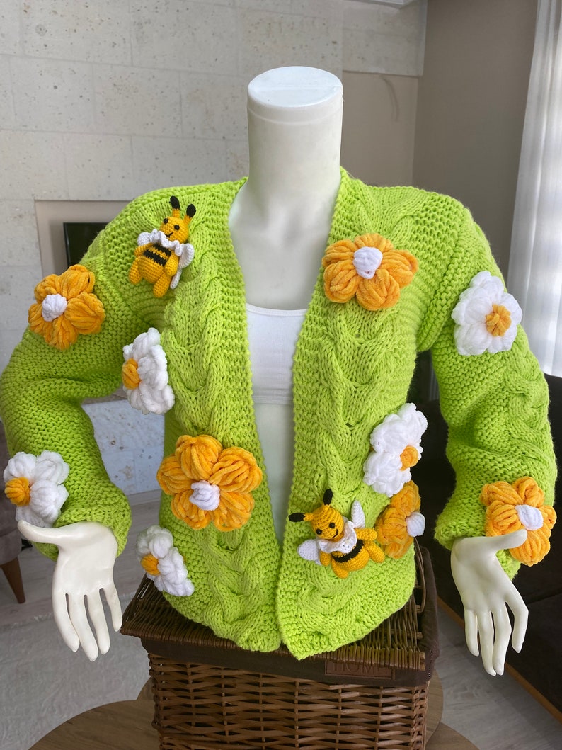 Crop Bee Knit Cardigan, Neon Green Cardigan, Green Oversize Cardigan, Handmade Sweater, Knit Bloom Cardigan, Bee White Flower Jacket, gift