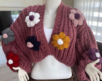 Cardigan for Women, Rose-color Chunky 3D Flower Sweater