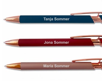 Kugelschreiber Soft Touch mit Namensgravur, gummierte Soft-Touch-Oberfläche in 3 Farben , Metallfarbe Rosegold.