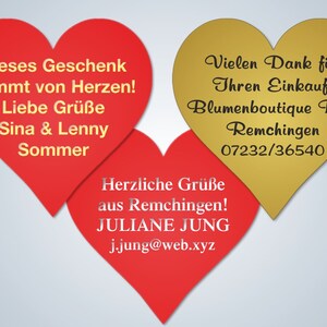 200 hartjes adresstickers, hartjeslabels op rol met jouw gewenste tekst, hartje rood of goud, tekst goud, zilver metallic of zwart.