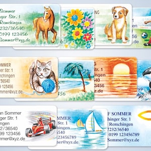 168 watercolor motif address stickers, self-adhesive address labels 6 x 3 cm, 11 motifs and 7 fonts to choose from.