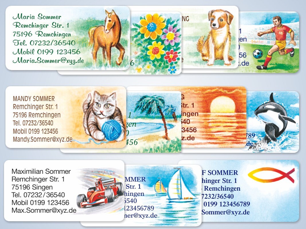 168 watercolor motif address stickers, self-adhesive address labels 6 x 3 cm, 11 motifs and 7 fonts to choose from.