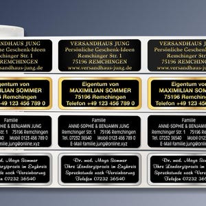 300 edle Adressaufkleber, Adressetiketten ONYX de-Luxe, Schwarz Matt mit Text in Gold- oder Silber-Metallic, auf der Rolle in Spenderbox.