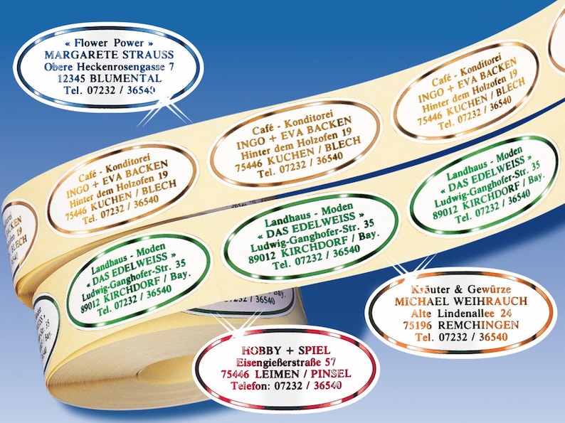 500 OVALE de-Luxe Adressaufkleber, selbstklebende Namensetiketten auf der Rolle, produziert mit Prägetechnik in 5 Metallic-Farben Bild 1