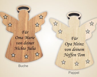 Anhänger in Engelform aus Buche- oder Pappelholz personalisiert, graviert mit Ihrem Wunschtext. Festliche Deko-Idee für Weihnachten.