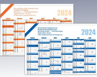 Calendario DIN A4 para 2024 con el texto deseado impreso. Con vacaciones, vacaciones escolares, fases lunares. 2 colores. A partir de 25 piezas.