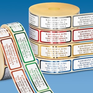 500 de-luxe address stickers CLASSIC, self-adhesive labels on a roll, produced using embossing technology in 6 metallic colors, max. 4 lines image 1