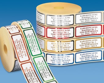 500 de-luxe address stickers CLASSIC, self-adhesive labels on a roll, produced using embossing technology in 6 metallic colors, max. 4 lines