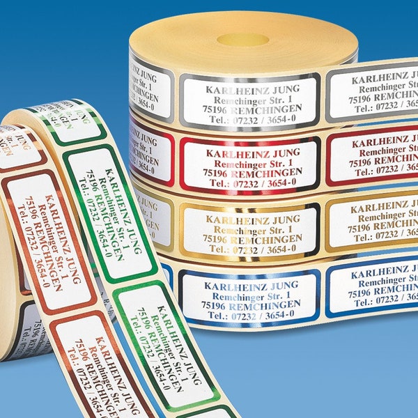 500 de-luxe address stickers CLASSIC, self-adhesive labels on a roll, produced using embossing technology in 6 metallic colors, max. 4 lines