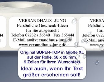 500 waterdichte adresstickers SUPER-TOP, zelfklevende adresetiketten op rol. Vaatwasmachinebestendig, 4 tekstkleuren, 7 lettertypen.