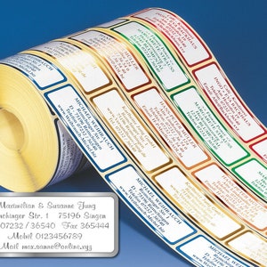 500 de-Luxe address stickers XL, self-adhesive name labels on a roll, produced using embossing technology in 6 metallic colors