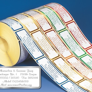 500 de-Luxe address stickers XL, self-adhesive name labels on a roll, produced using embossing technology in 6 metallic colors