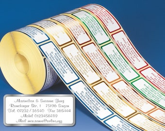 500 adesivi per indirizzi De-Luxe XL, etichette autoadesive con nome su rotolo, realizzate con tecnologia di goffratura in 6 colori metallizzati