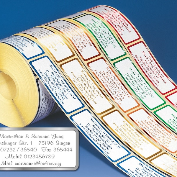 500 de-Luxe Adressaufkleber XL, selbstklebende Namensetiketten auf der Rolle, produziert mit Prägetechnik in 6 Metallic-Farben