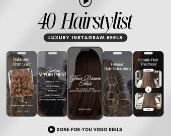 Könnte beinhalten: Eine Sammlung von vier Instagram-Story-Vorlagen für Friseursalons. Die Vorlagen zeigen Bilder von verschiedenen Frisuren und Dienstleistungen, darunter Balayage-Haarfarbe, Haarverlängerungen und Keratin-Haarbehandlungen. Der Text auf den Vorlagen lautet "Balayage Hair Color", "Book an Appointment", "Your Dream Hair", "Popular Hair Extensions" und "Keratin Hair Treatment".