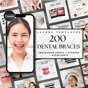Puede incluir: Un collage de imágenes que promocionan los brackets dentales. Las imágenes muestran personas con brackets, diferentes tipos de brackets e información sobre los beneficios de los brackets. El texto "LUXURY TEMPLATES 200 DENTAL BRACES INSTAGRAM POSTS + STORIES + HIGHLIGHTS" se muestra en el centro del collage.