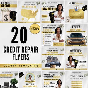 Pacote de 20 folhetos de reparação de crédito | Modelos de folhetos de reparação de crédito | Modelos de Instagram de reparação de crédito | Modelos de negócios de reparação de crédito | Canva