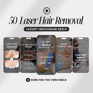 Könnte beinhalten: Eine Collage aus fünf Telefonbildschirmen, die verschiedene Aspekte der Laser-Haarentfernung zeigen. Die Bildschirme zeigen Bilder von vor und nach der Laser-Haarentfernung, den Prozess der Laser-Haarentfernung, die Vorteile der Laser-Haarentfernung, beliebte Behandlungsbereiche und ein Sonderangebot für die Laser-Haarentfernung.