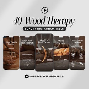 以下が含まれることがあります： 木療法のビジネスのためのInstagramストーリーグラフィック5つ。グラフィックには、木療法の施術を受けている女性の画像、施術のプロセスの図、利点のリストが掲載されています。グラフィックのテキストには、「木療法プロセス」、「自然に体を彫刻する」、「木療法の利点」、「木療法」、「木療法後のケア」が含まれています。