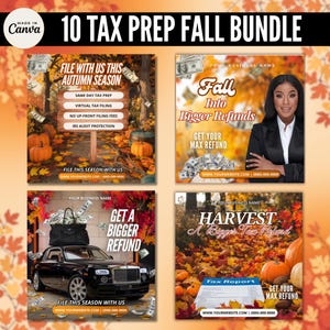 May include: Four social media post designs for a tax preparation business. Each design features a fall theme with images of pumpkins, leaves, and money. The text on the posts includes "File with us this autumn season", "Fall into bigger refunds", "Get a bigger refund", and "Harvest a bigger tax refund".