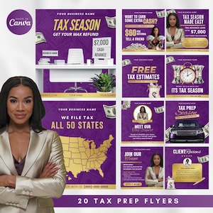Könnte beinhalten: Ein Satz von 20 lila und goldenen Steuer-Vorbereitung-Flyern mit verschiedenen Designs. Die Flyer zeigen Texte wie "Tax Season", "Get Your Max Refund", "Free Tax Estimates", "Tax Prep Season" und "Join Our Team".