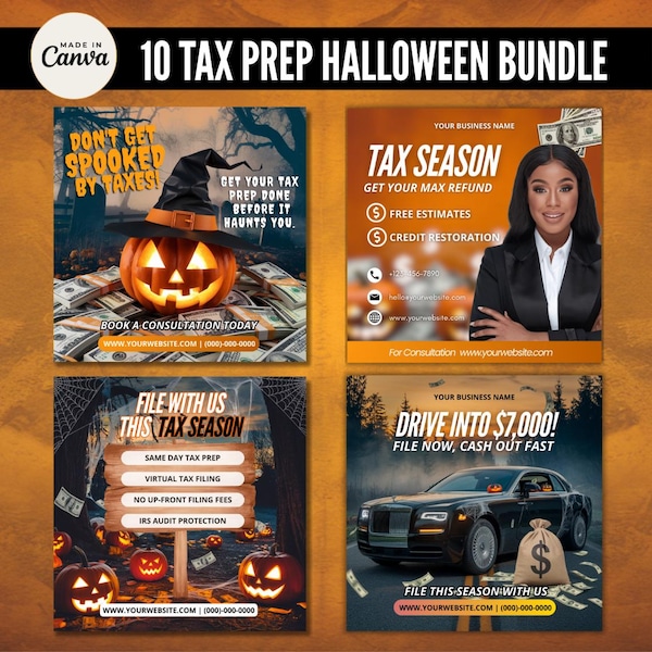 10 plantillas de preparación de impuestos para Halloween / Folleto de preparación de impuestos para Halloween / Paquete de preparación de impuestos / Folleto de preparación de impuestos 2025 / Plantilla de folleto de preparación de impuestos / Canva