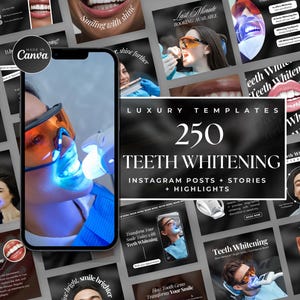 Puede incluir: Un collage de 250 plantillas de publicaciones e historias de Instagram para empresas de blanqueamiento dental. Las plantillas presentan imágenes de personas sonriendo con dientes blancos y texto que dice "Blanqueamiento dental" y "Plantillas de lujo".
