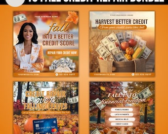 May include: A promotional graphic for a credit repair bundle, featuring four square images with fall themes. The images include text like "Fall into a better credit score" and "Harvest better credit." Each image has a website and phone number.