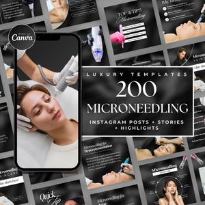 200 Microneedling Instagram Templates | Luxury Black Microneedling Posts | Esthetician Instagram Templates | RF Microneedling