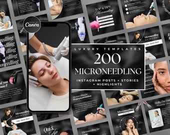 200 Microneedling Instagram Templates | Luxury Black Microneedling Posts | Esthetician Instagram Templates | RF Microneedling